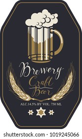Template vector label for craft beer with overflowing glass of frothy beer, wheat ears and handwritten inscriptions in figured frame in retro style.