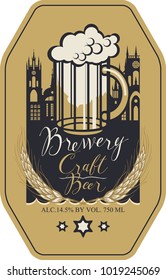 Template vector label for craft beer with overflowing glass of frothy beer, wheat ears, handwritten inscriptions and silhouette of the old town in figured frame in retro style.