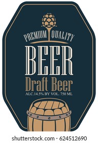 Template vector label for draft beer in a retro style with malt and wooden barrel on dark background