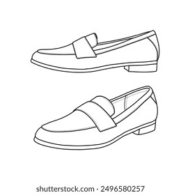 Template vector loafer shoes, slip-on casual shoes, suitable for your custom loafer shoe slip-on shoe design. Outline vector doodle illustration, front, and side views