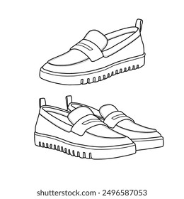 Template vector loafer shoes, slip-on casual shoes hand-drawn collection, suitable for your custom loafer shoe slip-on shoe design. Outline vector doodle illustration, front, and side views