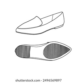 Template vector loafer shoes, suitable for your custom loafer shoe design. Outline vector doodle illustration, front, side, and bottom views isolated with a white background.