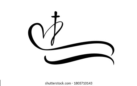 Template vector logo for churches and Christian organizations cross on the heart. Religious calligraphy sign emblem cross and heart. Minimalistic illustration.