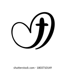 Template vector logo for churches and Christian organizations cross on the heart. Religious calligraphy sign emblem cross and heart. Minimalistic illustration.