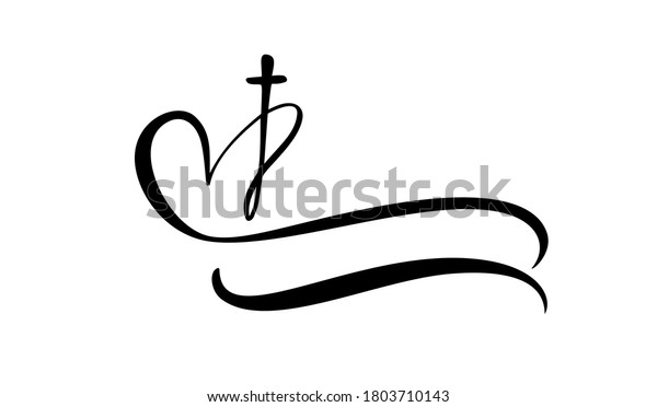 Template vector logo for\
churches and Christian organizations cross on the heart. Religious\
calligraphy sign emblem cross and heart. Minimalistic\
illustration.