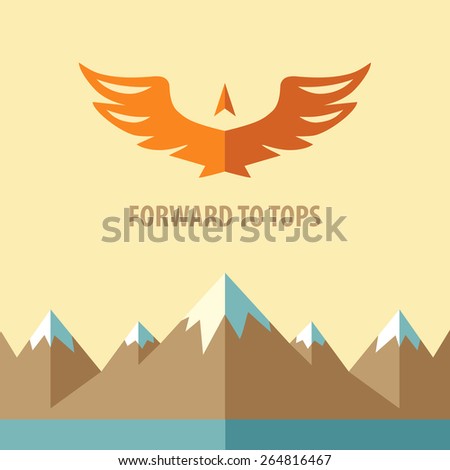 Template vector logo. Forward to tops.Tourism, mountain climbing. Background on the topic of travel, the conquest of peaks and heights.