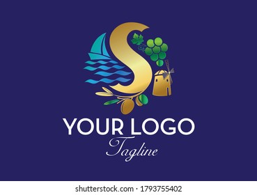 Template vector logo of tourism. Illustration of travel around sea.
