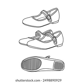 Template vector Mary Jane shoes, ankle strap flat shoes with buckle, slip-on shoes hand-drawn collection, suitable for your custom Mary Jane shoe design. Outline vector doodle illustration