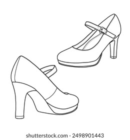Zapatos de Vector de Plantilla de Mary Jane con hebilla, zapatos de tacón alto clásicos de puntera redonda de colección dibujada a mano, adecuados para su diseño personalizado de zapatos de Mary Jane. Ilustración de doodle de Vector de contorno