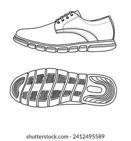 Vector de plantilla Zapatos formales de los hombres, adecuado para el diseño de zapatos de zapatillas de zapatillas de vestir, ilustración de doodle de vector contorno, vista lateral e inferior, aislado con fondo blanco.