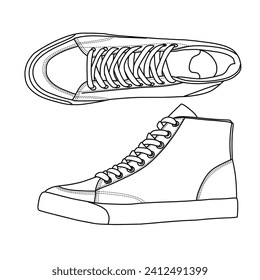 Template vector Men's High Top Sneakers, suitable for your custom sneaker shoes design, outline vector doodle illustration,  top, and side view, isolated with white background.