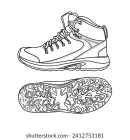 Template vector  Men's hiking Boots, suitable for your custom Ankle Boots shoes design, outline vector doodle illustration, side and bottom view, isolated with white background.