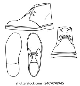 Template vector men's leather shoes hand-drawn collection, formal shoes. Vector sketch illustration, top, bottom, front, and side view. Isolated on a white background.