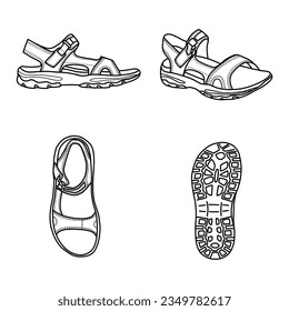 Template vector Men's sandals hand drawn collection  hiking sandals  vector sketch illustration  top  bottom   side view suitable for your custom Men's Sandals design  isolated white background