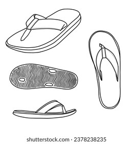 Template vector Men's sandals hand drawn collection, casual sandals, vector sketch illustration, isometric, top, bottom and side view,suitable for your custom Men's Slippers design, isolated on white 