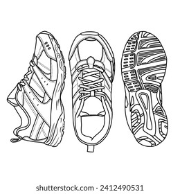 Template vector Mens Tennis Shoes, suitable for your custom sneaker design, outline vector doodle illustration, front, top, and bottom view, isolated with white background.