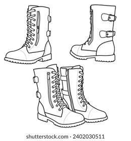 Template vector men's women's high leather shoes hand drawn collection, formal shoes, vector sketch illustration, front, back, and side view. 