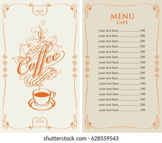 template vector menu for cafe with price list and coffee cup with calligraphic inscription in form of steam in baroque style