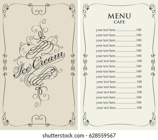 template vector menu for cafe with price list and curlicues with calligraphic inscription ice cream in baroque style