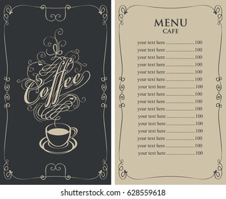 template vector menu for cafe with price list and coffee cup with calligraphic inscription in form of steam in baroque style