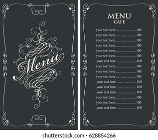 template vector menu for cafe with price list and curlicues with calligraphic inscription in baroque style on black background