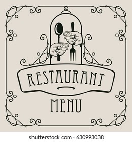 template vector menu for restaurant with cutlery in hands and curlicues in baroque style on the light background