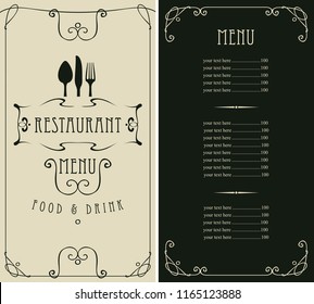 Template vector menu for restaurant with price list, flatware in frame with curls in baroque style