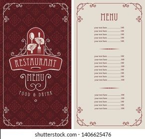 Template vector menu for restaurant with price list and cutlery in hands in figured frame with curlicues in baroque style with dark red seamless background pattern.