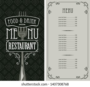 Template vector menu for restaurant with price list and realistic fork in figured frame with curlicues in baroque style with seamless background pattern