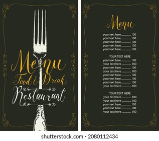 Vorlage eines Vektormenüs für ein Restaurant mit Preisliste, dekoriert mit einer alten schönen realistischen Gabel und handgeschriebenen Inschriften in einem Rahmen mit Rollen auf schwarzem Hintergrund im Retro-Stil