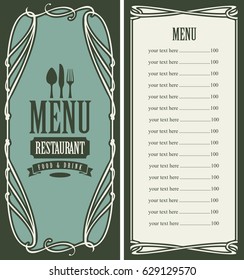 template vector menu for restaurant with price list, flatware and curlicues in baroque style on green background