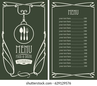 template vector menu for restaurant with price list, flatware and curlicues in baroque style on dark background