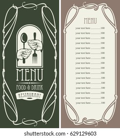template vector menu for restaurant with price list, cutlery in hands and curlicues in baroque style on dark background