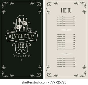 Template vector menu for restaurant with price list and cutlery in hands in curly frame on the black background in baroque style