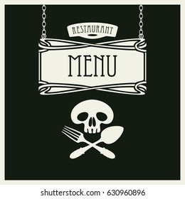 template vector menu for restaurant with white human skull with a spoon and fork on black background in retro style
