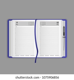 Template vector mock-up blank table calendar, layout, realistic open notepad. Diary with fields and the cover, organizer and broken fields by months, office book with bookmark. Vector illustration.