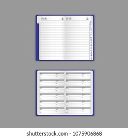 Template vector mock-up blank table calendar, layout, realistic open notepad. Diary with fields and the cover, organizer and broken fields by months and the alphabet. Vector illustration.
