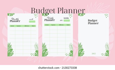 Template of vector pages of the budget planner. Daily, weekly, monthly, by projects, budget and planners. Pink nude floral design.