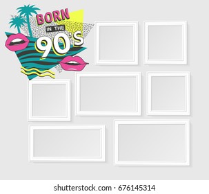 Template vector photo frames on white background with images. Back to the 90's. Lips and geometric ornaments elements. 