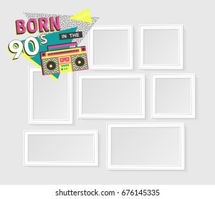 Template vector photo frames on white background with images. Back to the 90's. Disco elements.