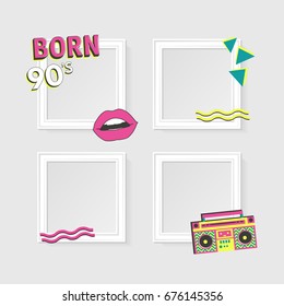 Template vector photo frames on white background with images. Back to the 90's. Lips and geometric ornaments elements. 