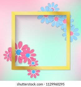 Template vector realistic golden square frame isolated on stylish background with cartoon paper blue pink flowers. Modern style gold shine beautiful cute. Photo frame 