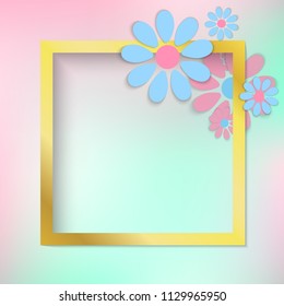 Template vector realistic golden square frame isolated on stylish background with cartoon paper blue pink flowers. Modern style gold shine beautiful cute. Photo frame 