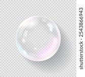 Template of vector realistic soap bubble. Transparent liquid bubbles isolated on checkered background. Template of round soap bubbles with holographic and glares effect for design.