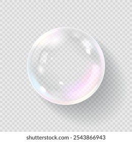 Template of vector realistic soap bubble. Transparent liquid bubbles isolated on checkered background. Template of round soap bubbles with holographic and glares effect for design.