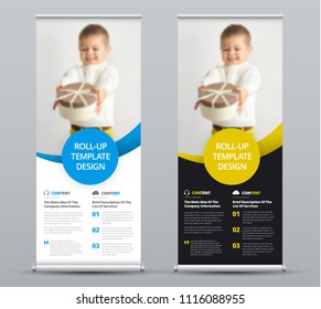 Template of a vector roll-up banner with colored round elements and a place for a photo. The design of a black and white flyer for business and advertising.