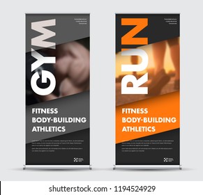 Template vector roll-up banner in geometric modern style with place for photo. Design for sports, business with orange, gray and black diagonals.