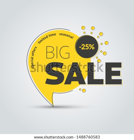 Template vector round tags on the leg for big sale. Design of yellow banners with percentages of discounts and special offers and black design lines and strokes.