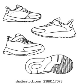 Template vector running shoes, custom running shoes, outline vector illustration, bottom, side and top view. Isolated on a white background.