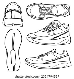 Template vector running shoes  suitable for your custom running shoes  outline vector doodle illustration   front  back  bottom  side   top view  isolated and white background 